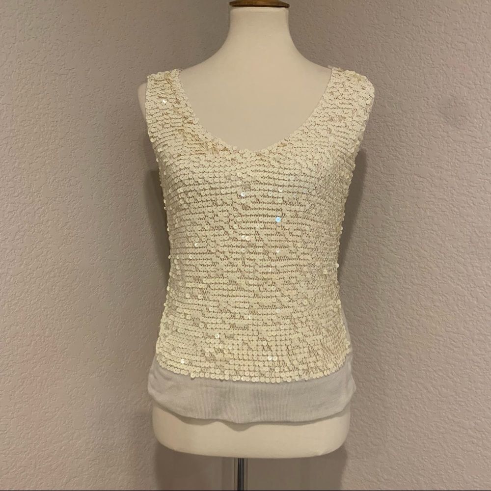 ShuShu Cream Ivory Sequin Paillette Silk Tank Top 75% Silk Knit Size Small - Picture 2 of 16